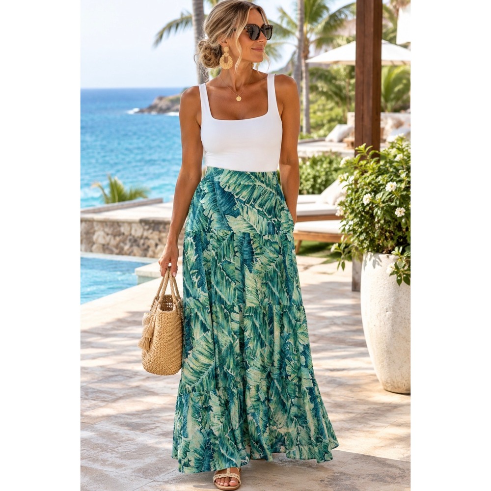Chaps Denim Womens Large Tropical Palm Leaf Tiered Cotton Maxi Skirt Green Blue